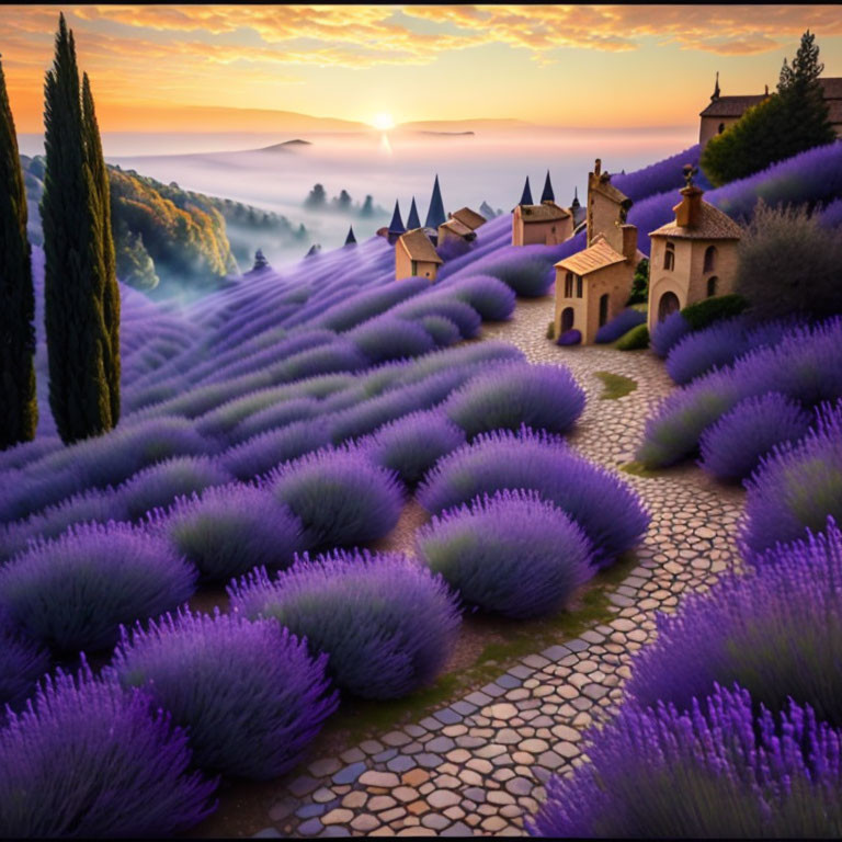 Picturesque sunrise over lavender fields and charming estate with mist.