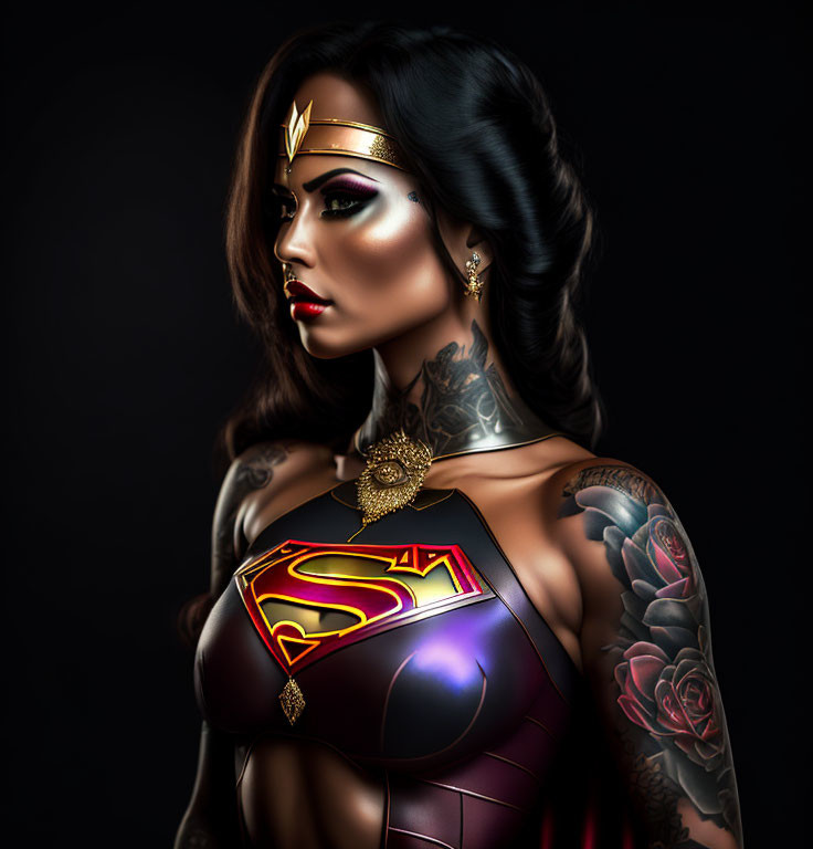 Stylized portrait of a woman in Wonder Woman-inspired superhero costume with intricate tattoos on dark background