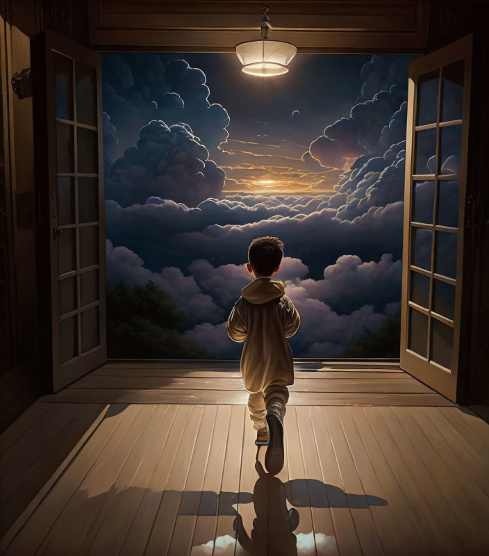 Child admires layered sunset clouds from doorstep.