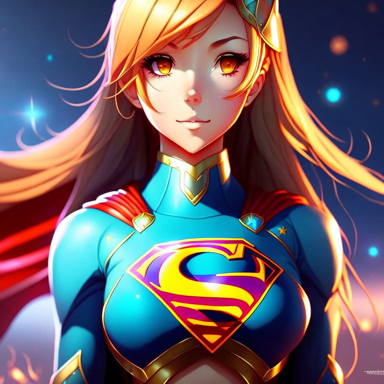 Blonde superhero character with "S" emblem on cosmic background