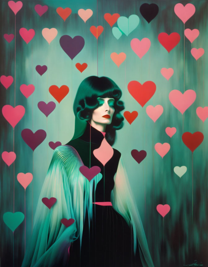 Stylized portrait of woman with bob haircut and colorful hearts on green backdrop