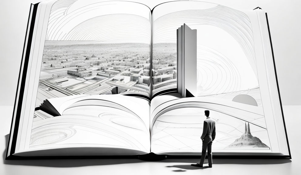 Person standing before oversized book with 3D cityscape and abstract designs