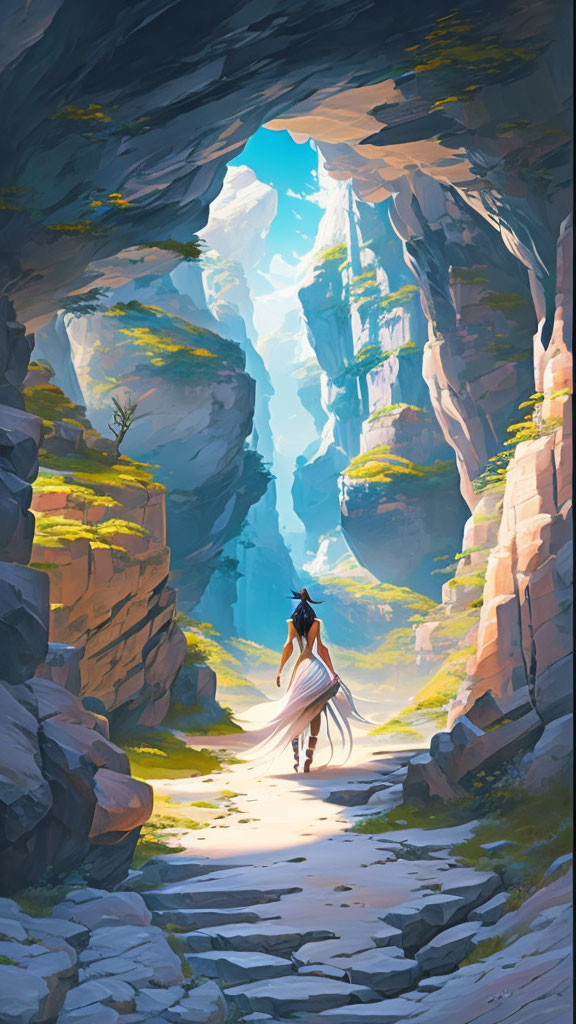 Person in white dress at cave entrance with towering cliffs and blue sky