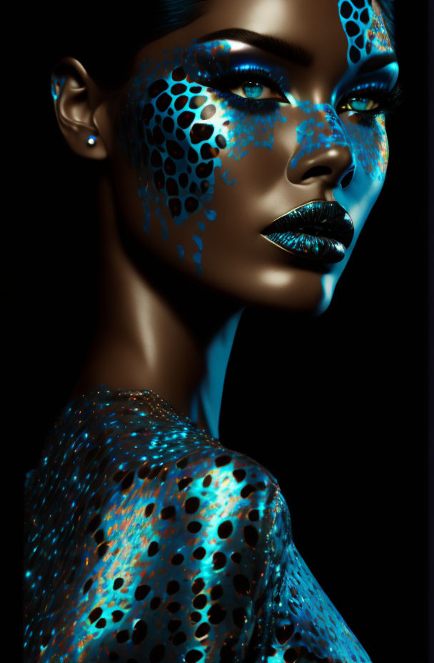 Person with Blue Iridescent Skin and Scale-Like Pattern Portrait