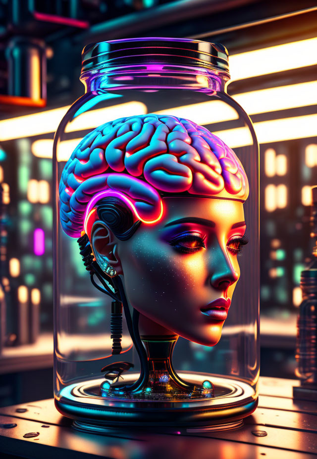 Colorful brain in a jar on stylized mannequin head against neon backdrop