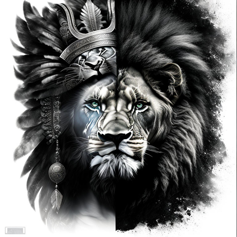 Monochromatic lion portrait with blue-eyed gaze and intricate headdress