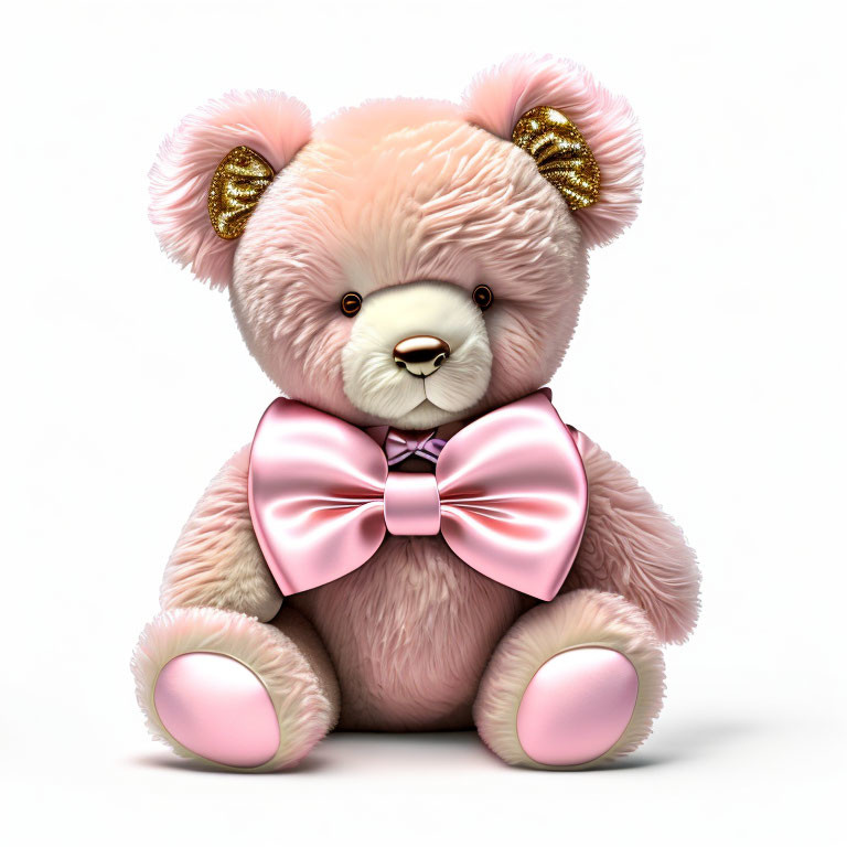 Pink plush teddy bear with satin bow tie and gold details on white background