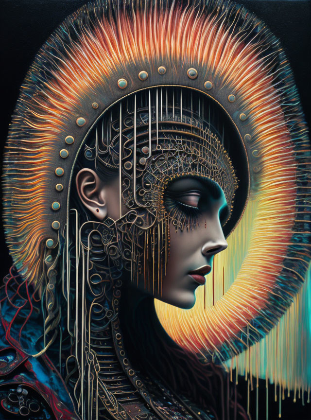 Female Figure with Ornate Mechanical Headgear and Glowing Halo Rings