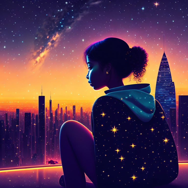 Woman admires comet over futuristic cityscape at dusk