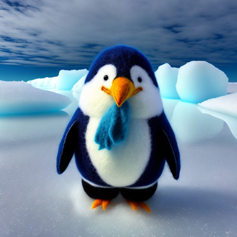 Blue Scarf Plush Penguin Toy on Snowy Surface