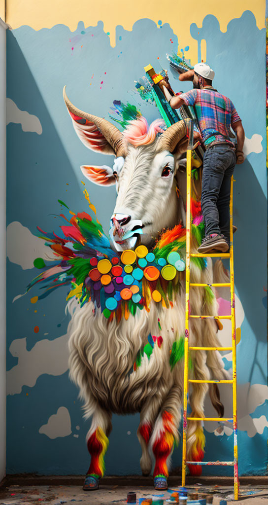 Artist painting colorful abstract mural with white bull and circular patterns.