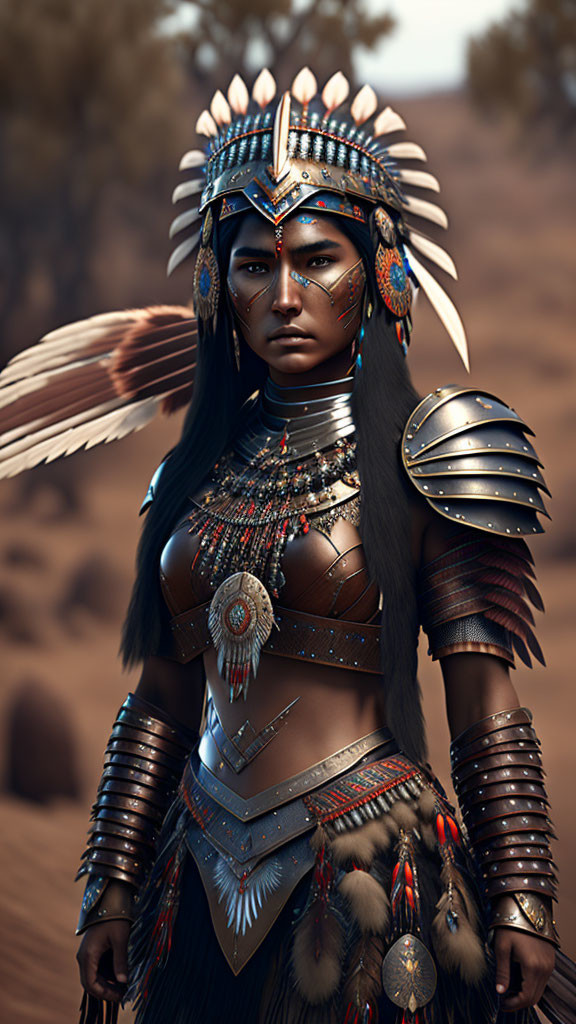 Digital artwork of female warrior with intricate headdress & armor in desert.