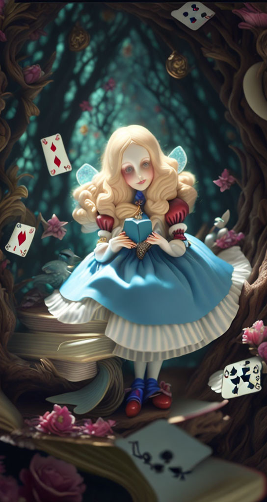 Whimsical Alice in Wonderland-inspired forest illustration with floating cards, books, and roses