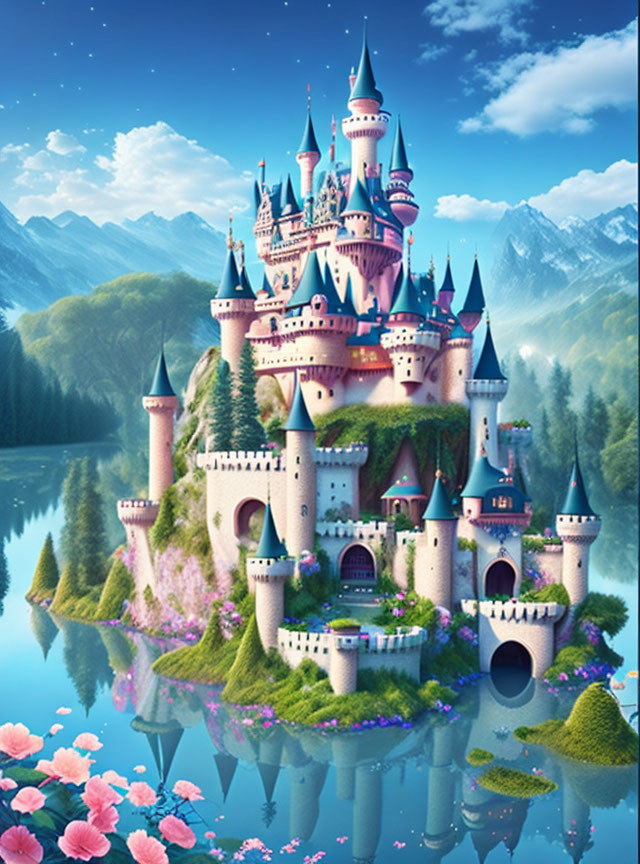 Fantastical castle with spires, turrets, lush greenery, pink blossoms, blue