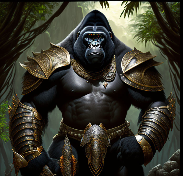 Anthropomorphic gorilla in golden armor amid misty jungle