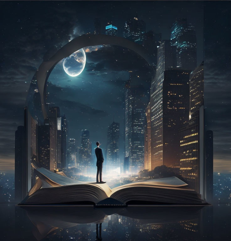 Person standing before open book reveals surreal cityscape with arch, skyscrapers, moonlit sky