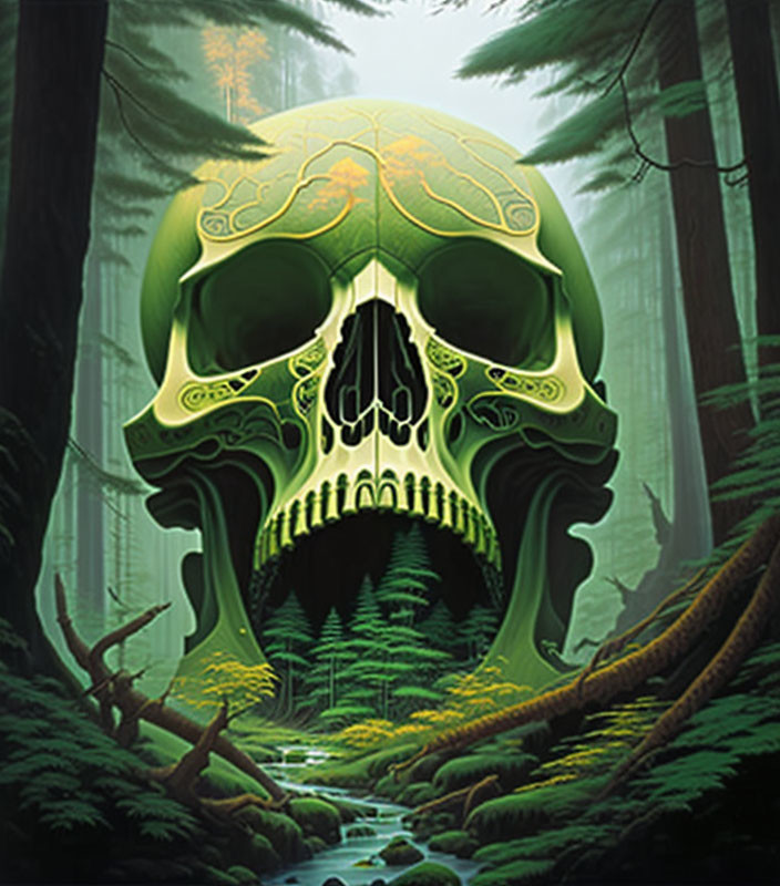 Surreal forest scene with stream, giant skull, lush trees, and mist