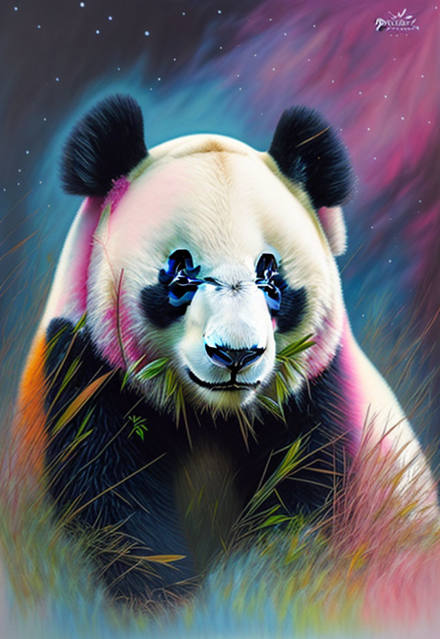 Vibrant panda art with starry night background & floral accent