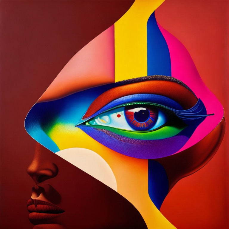 Colorful surreal artwork: woman's silhouette with abstract design and vibrant eye.