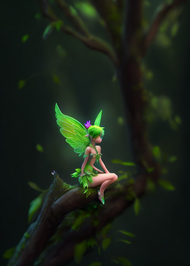 Fairy with Green Wings in Enchanted Forest