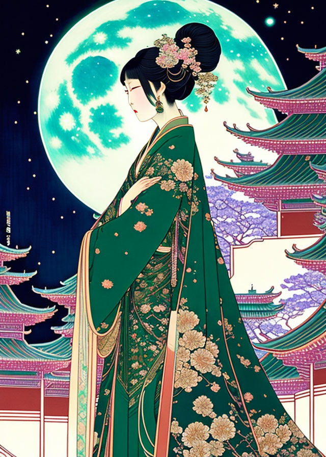 Traditional Japanese Kimono with Floral Patterns and Full Moon Pagoda Backdrop