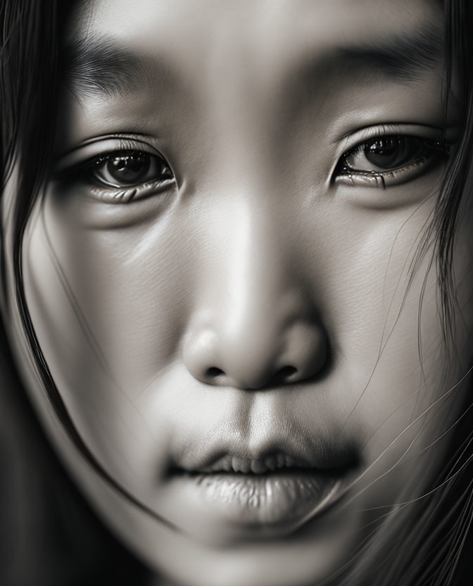 Detailed Monochrome Close-Up of Asian Girl's Face