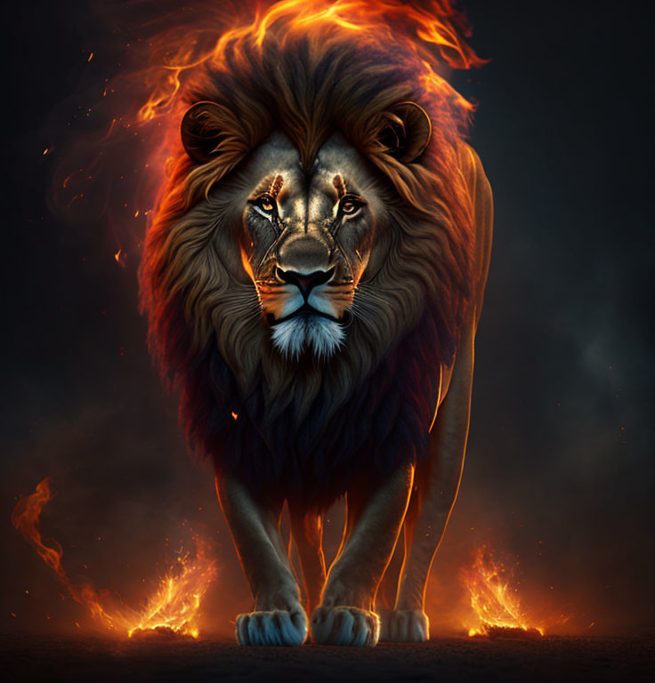 Majestic lion with fiery mane in flames against dark backdrop