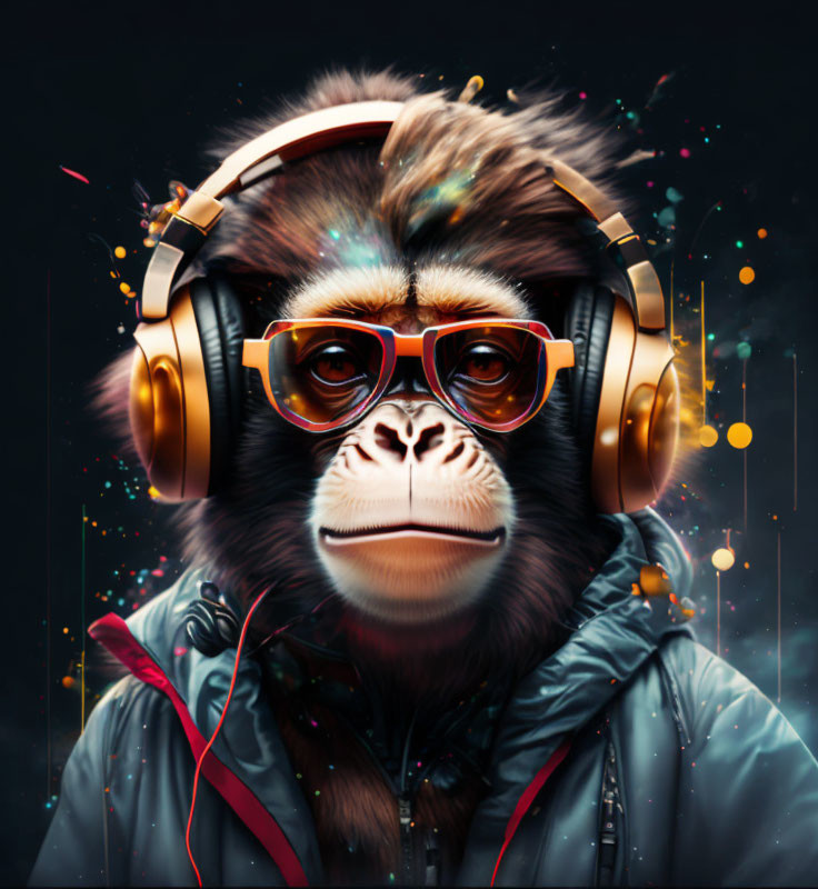 Stylish Monkey with Headphones, Glasses, and Jacket on Dark Background