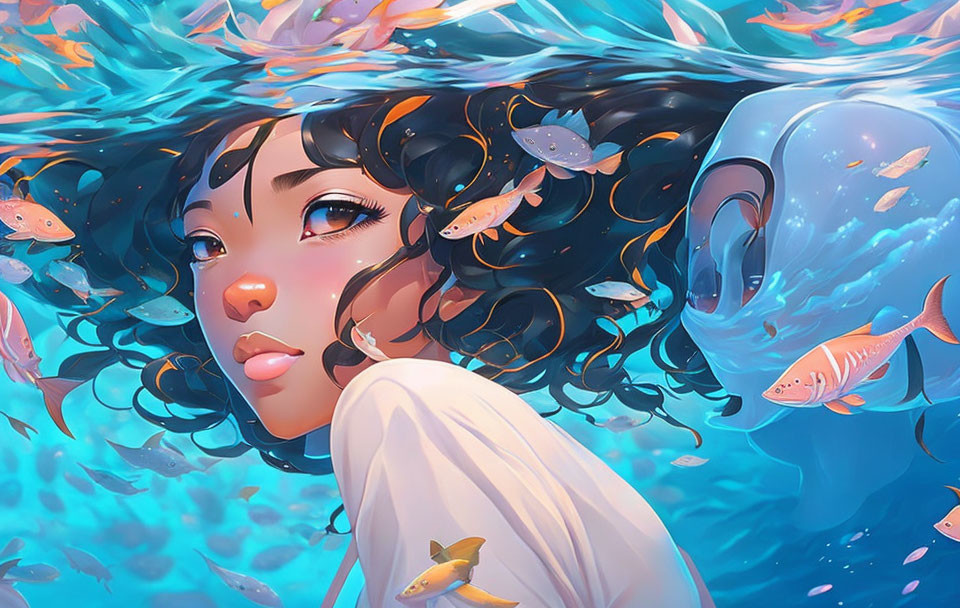 Underwater illustration of girl with flowing hair and colorful sea creatures