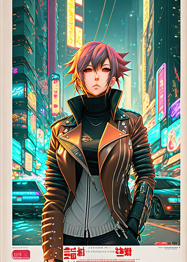 Anime character in futuristic cityscape at night