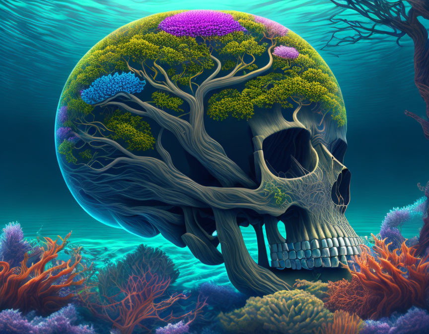 Skull with tree brain and coral underwater scene