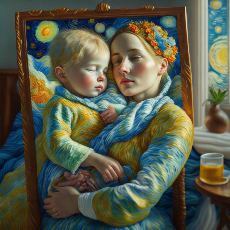 Digital Artwork: Mother and Child Embrace in Van Gogh's "Starry Night" Style