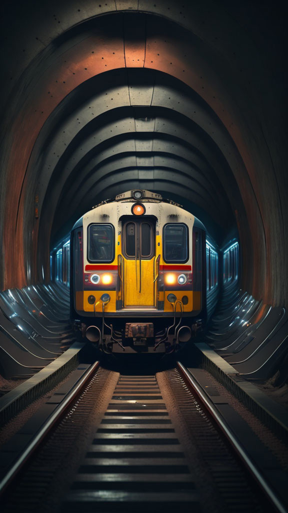 Dimly lit tunnel with reflective blue lights as a train approaches