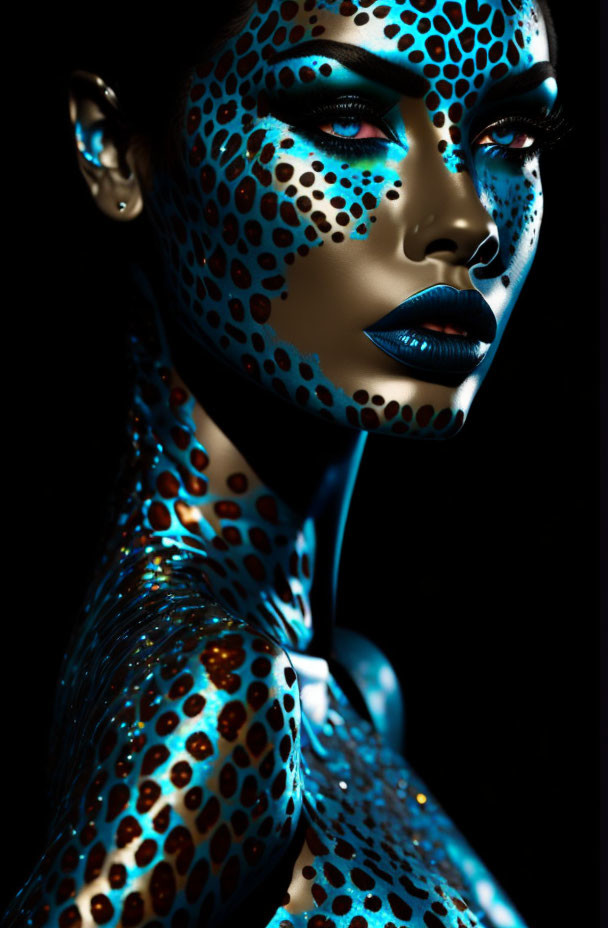 Person with Blue Body Paint and Red Lips in Striking Portrait