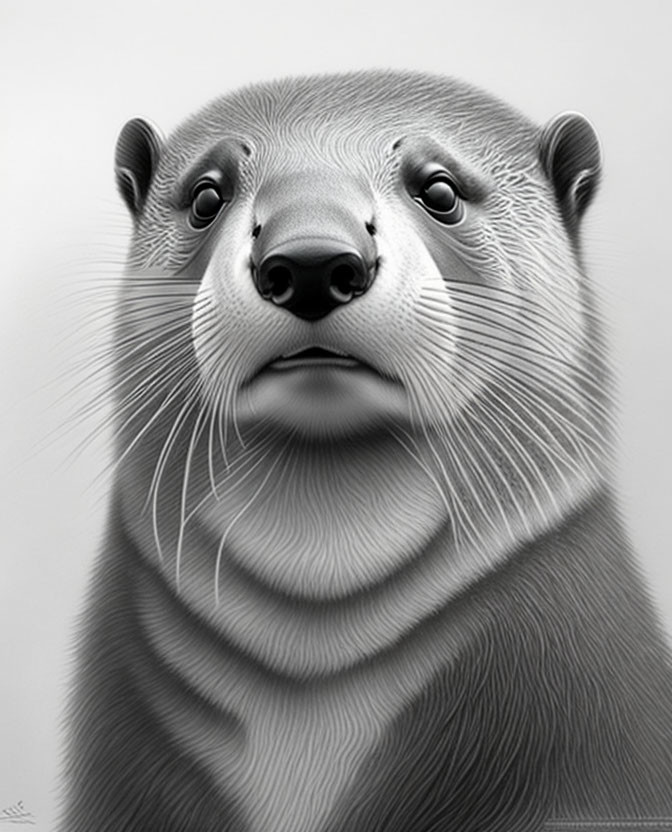 Detailed Monochrome Otter Illustration with Lifelike Gaze and Whiskers