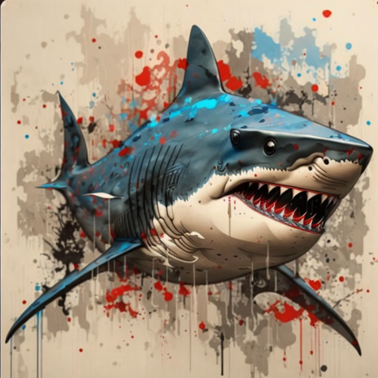 Shark graffiti-style illustration with red and grey splatters on beige background