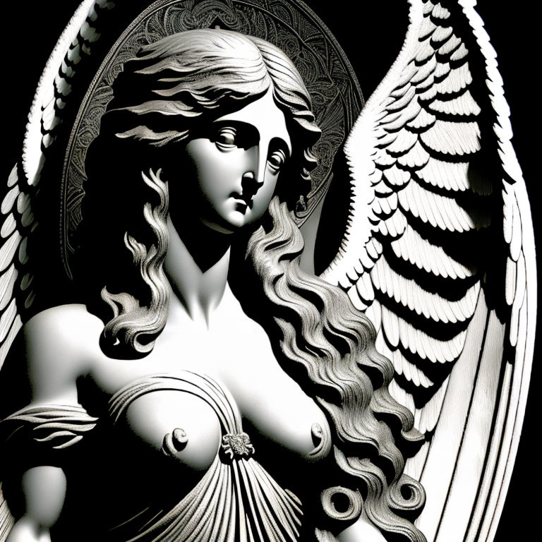 Detailed Monochrome Angel Art with Wings and Classical Beauty