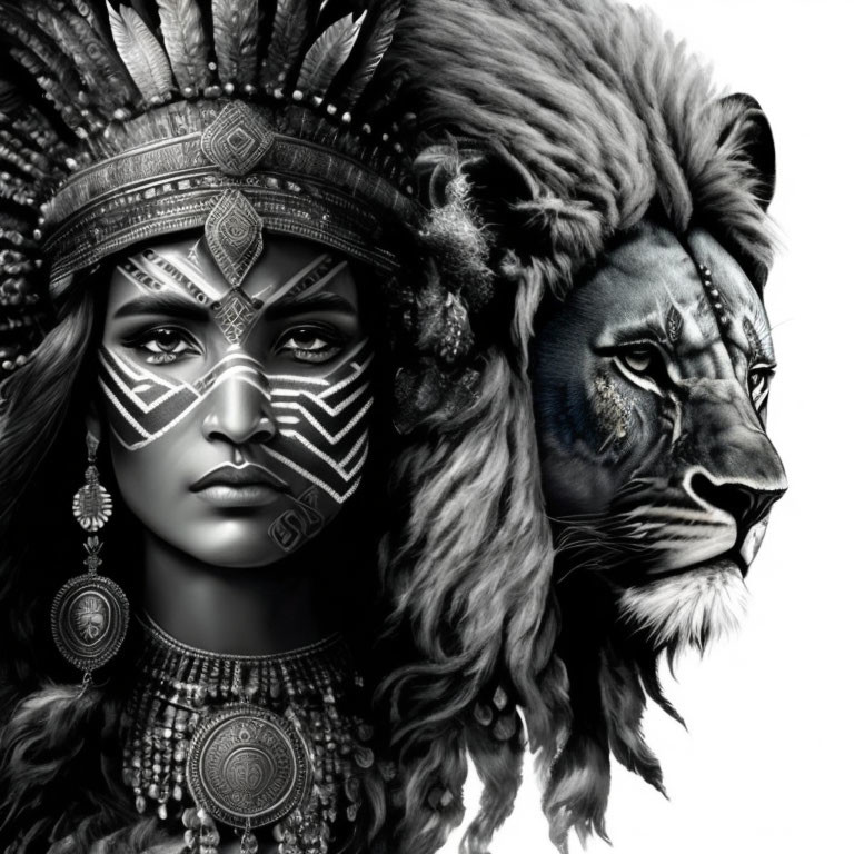 Monochrome artwork merging woman and lion with tribal patterns