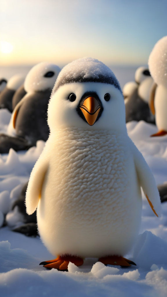 Penguin with snow on head on ice at sunrise