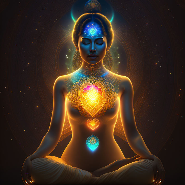 Meditating person with glowing chakras in digital illustration