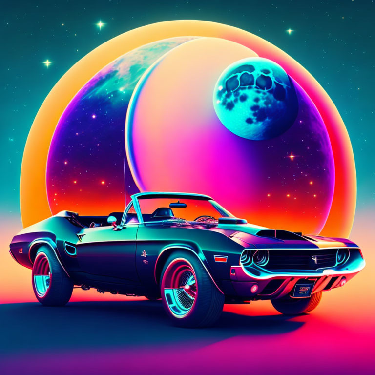 Retro-futuristic image: Classic convertible car under neon sky