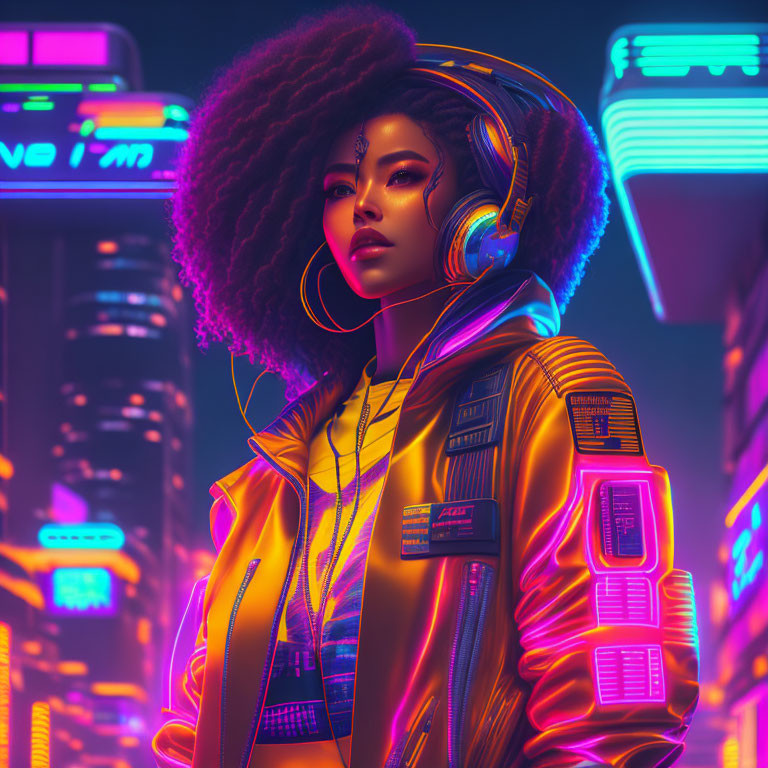 Voluminous Afro woman in futuristic yellow jacket against neon cityscape