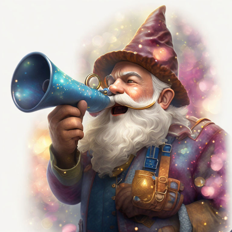 Whimsical gnome with white beard and telescope on starry background