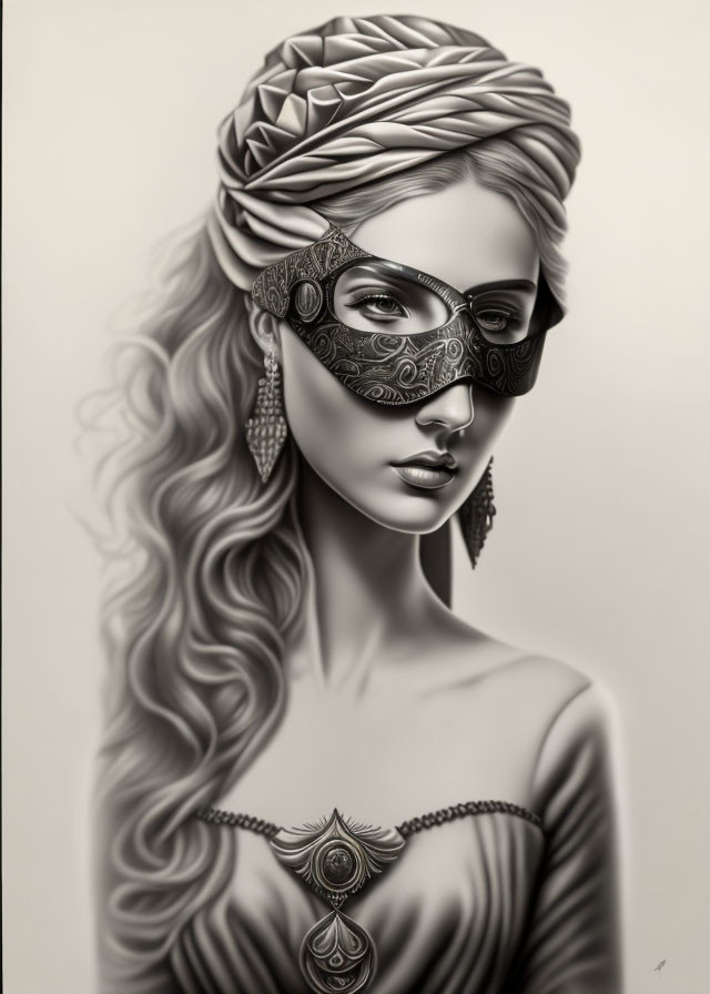 Monochrome illustration of a woman with ornate mask, braided hair, and jewelry