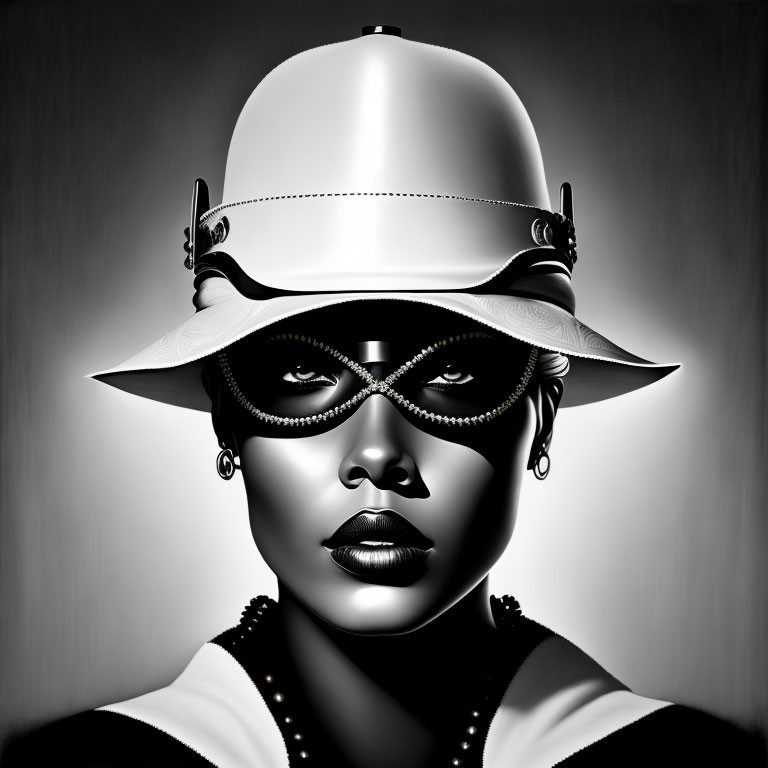 Monochrome image of person in stylish hat, sunglasses, and pearl necklace