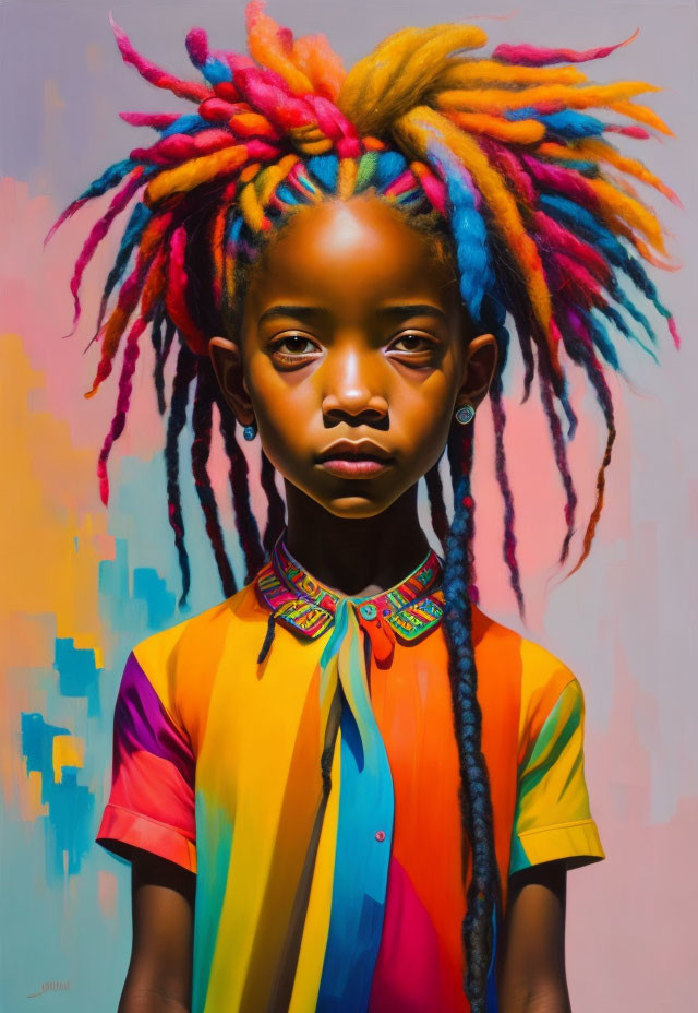 Vibrant rainbow-colored dreadlocks on young girl in colorful striped shirt