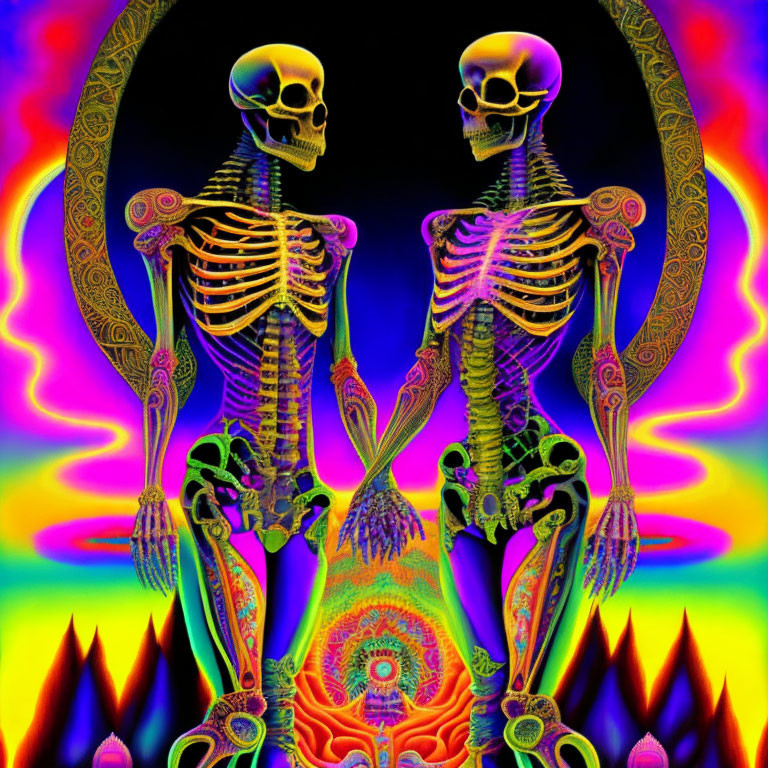 Colorful Symmetrical Skeleton Figures on Psychedelic Background