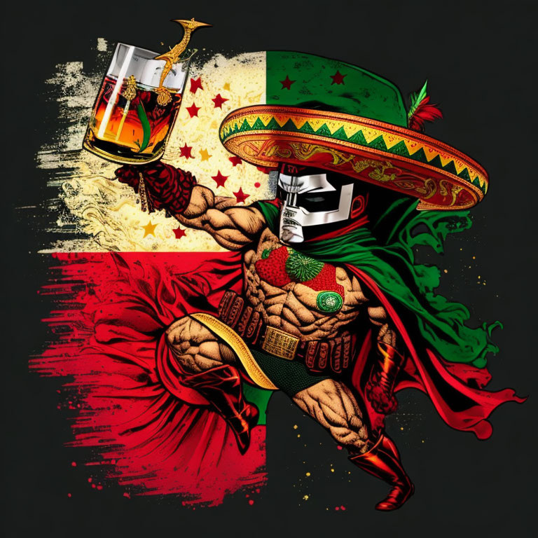 Muscular superhero in Mexican wrestler mask and sombrero toasting with beer on Mexican flag background