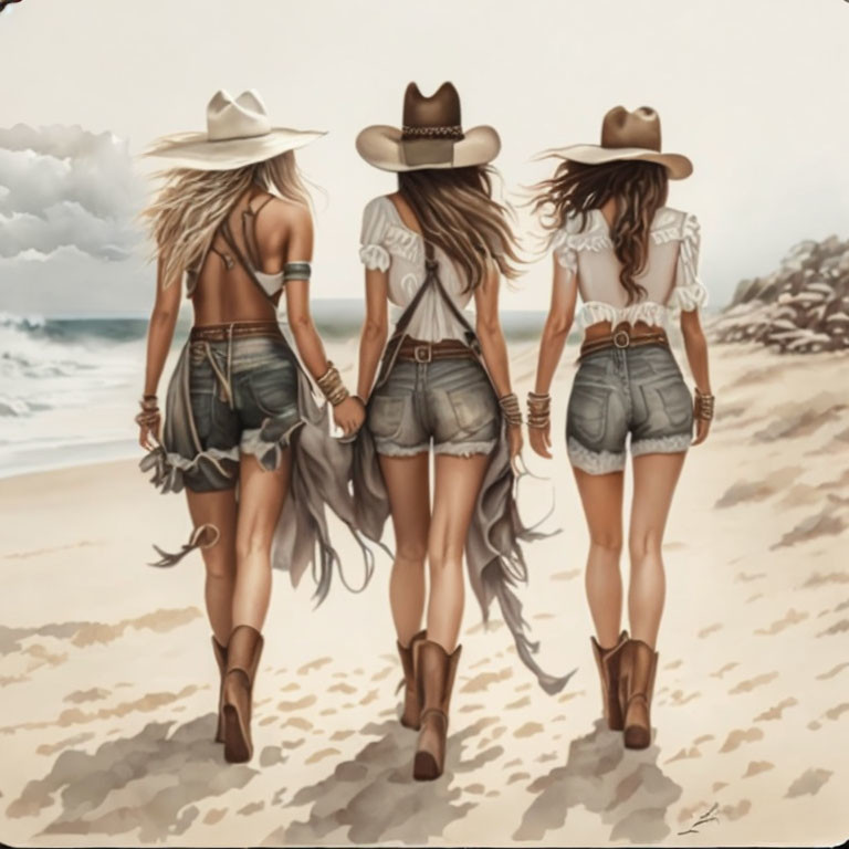 Three women in denim shorts and cowboy hats walking on beach.