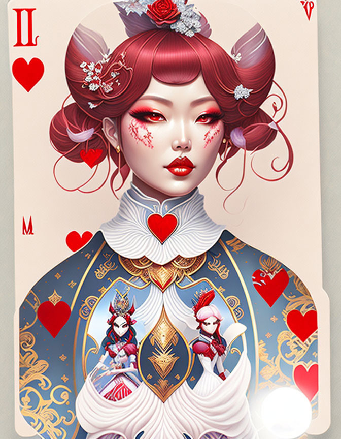 Stylized Queen of Hearts playing card with red-haired woman and floral adornments